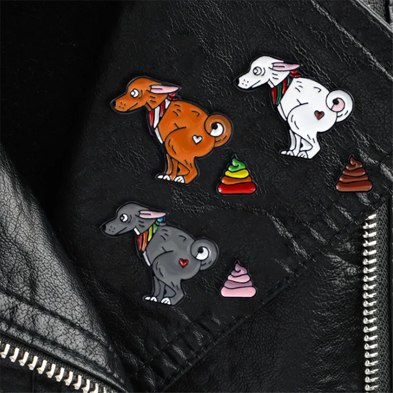 

2Pcs/set Badge On A backpack Enamel Pin Dog And Rainbow Excrement Brooches For Women Men Cute Animal Shit Brooch Jewelry Gifts