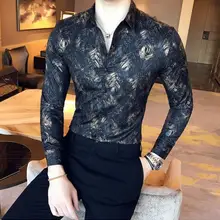 Металлическая Золотая рубашка мужская Осенняя белая рубашка с принтом, приталенная Мужская рубашка для свадебной вечеринки клуба, рубашка Camisa Masculina