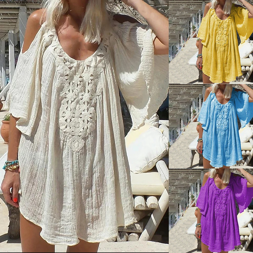 Летнее пляжное платье 2020 женские кружева Cover UP плеча платья повседневные