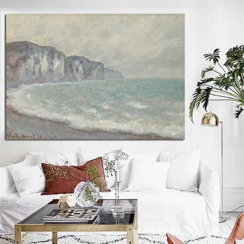 HD Print Claude Monet Impressionist The cliff at Pourville Landscape Oil Painting on Canvas Poster Wall Picture for Living Room (2)