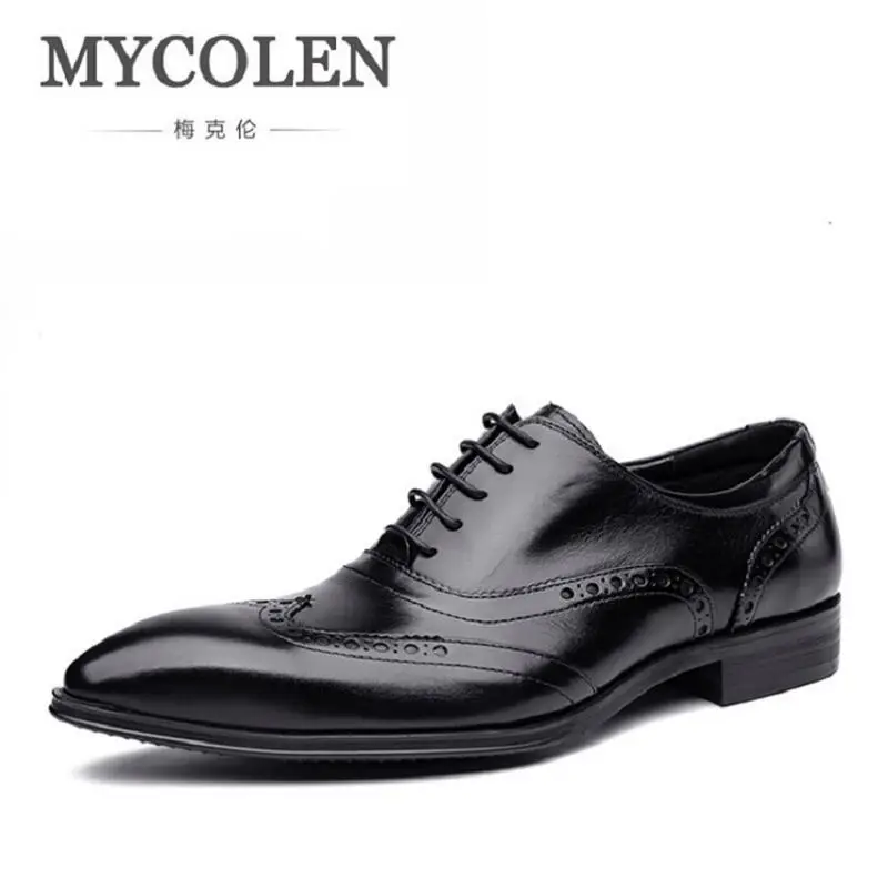 

MYCOLEN Genuine Leather Bullock Men Flats Shoes Casual British Fashion Bullock Men Oxfords Black Cowhide Dress Shoes For Men