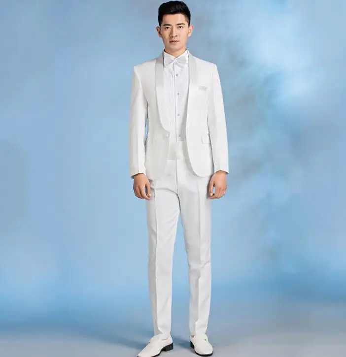 

Blazer men groom suit set with pants mens wedding suits costume singer star style dance stage clothing formal dress white