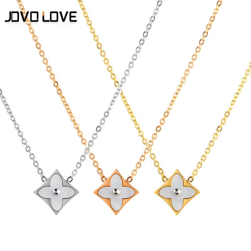 

Fashion Flower Lockets Necklace Stainless Steel Chain Silver Rose Gold Color Four Leaf White Shell Pendant Necklace Jewelry