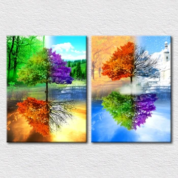 

Canvas Print 2pcs set seasons oil painting tree pictures fine decoration wall pictures for living room