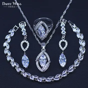 

Unique Marquise White Cubic Zirconia Silver Color Bridal Jewelry Sets For Women Party Earrings/Pendant/Necklace/Bracelets/Ring