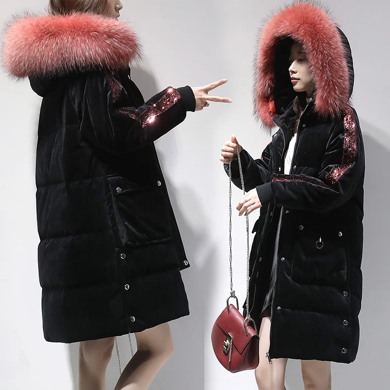 Diwish Fur Collar Hooded Velvet Long Women's Down Jacket Sequins Decorated Casual Ladies Winter Coat Female Thick Warm Outwear