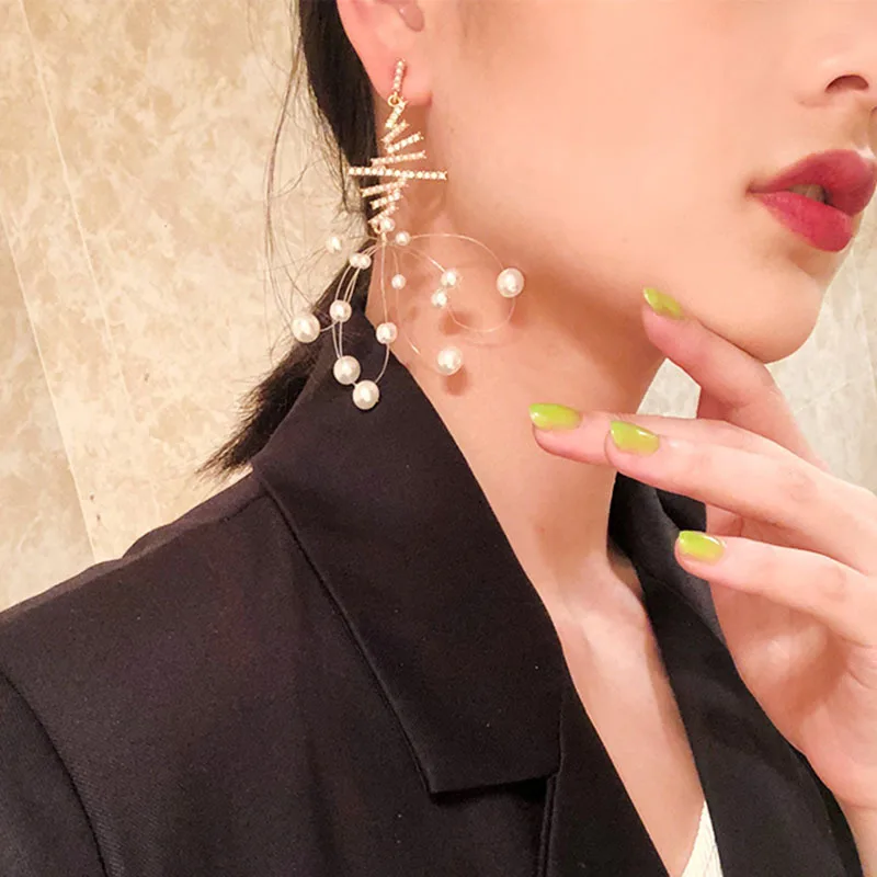 

Personality Starry Flash Drill Earrings Multilayer pearl fringed long earrings exaggerated rhinestone earrings