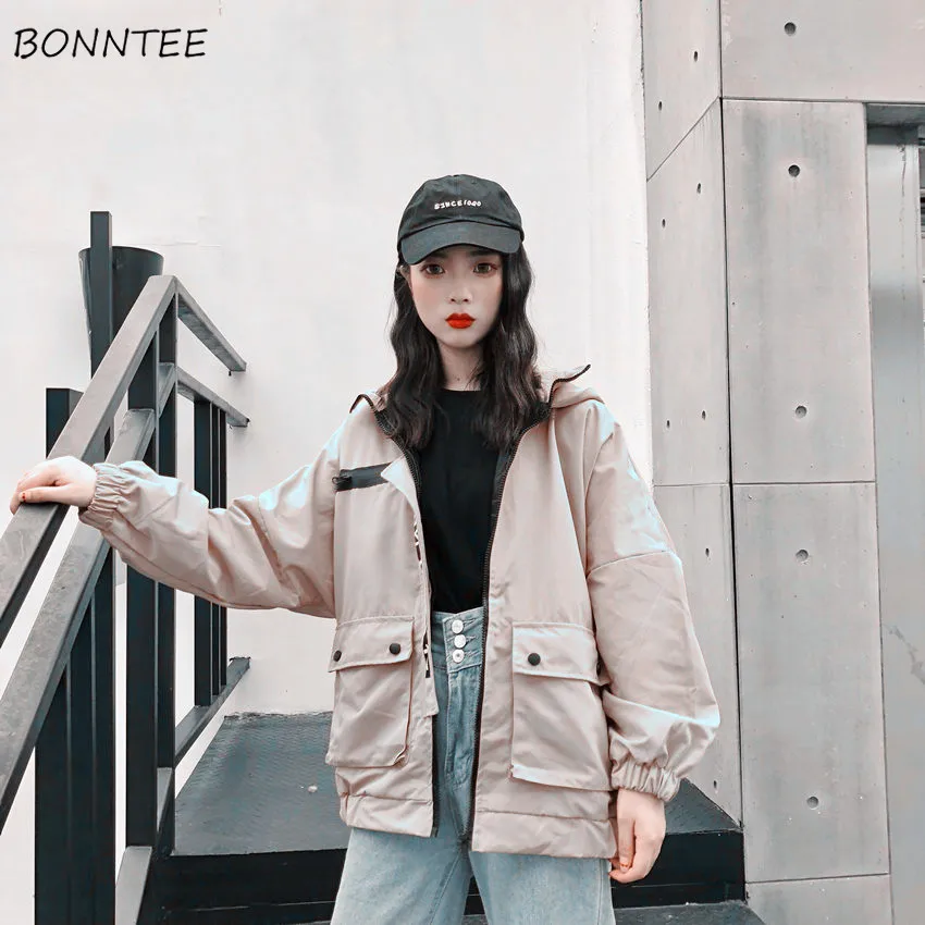 Куртки Для женщин Harajuku Свободные в стиле «хип-хоп»; однотонное пальто Мода карман с капюшоном и застежкой-молнией в Корейском стиле для девочек; корейский новое осеннее пальто куртка для школьников