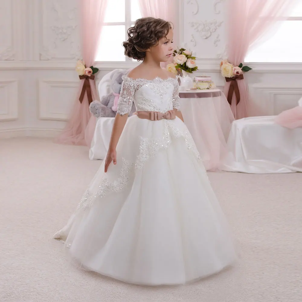First Communion Dress Hollow Back Lace Up Appliques Half Sleeves Bow Shoulderless Ruffle Little Girl Christmas Tulle Ball Gown cutout back ruffle hem button up cami dress