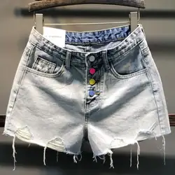 Джинсовые шорты женские летние 2019 новые с высокой талией модные рваные свободные цвета однобортные широкие джинсы шорты