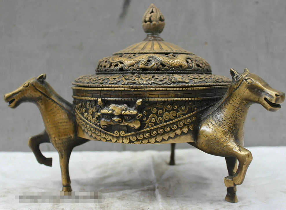 

Chinese Folk Culture Handmade Bronze Brass Statue Three horses Incense burner