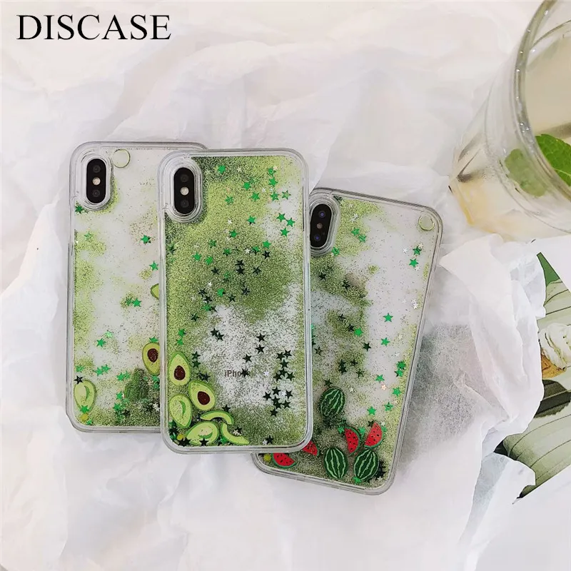 

DISCASE Phone Case For iphone 8 7plus Sparkling Liquid Green Quicksand For iphone X 6 6s plus Cute Fresh Fruit TPU+PC Case Cover