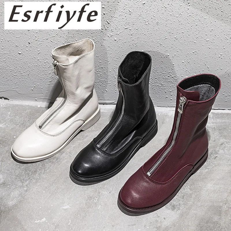 

ESRFIYFE 2019 New Genuine Leather Front Zip Ankle Boots Hot Sale Sheepskin Boots Shoes Woman Fashion Trendy Style Woman Shoes