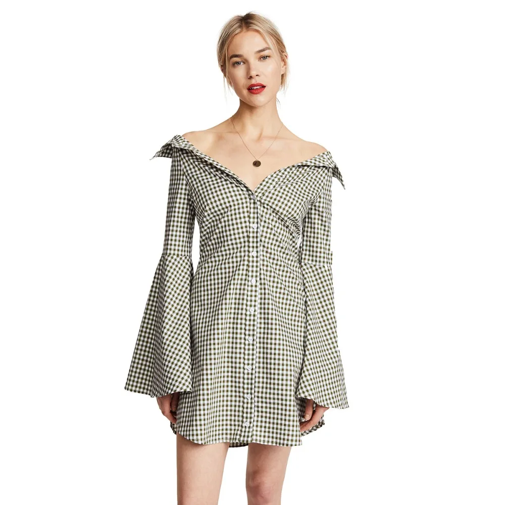 off the shoulder plaid dress