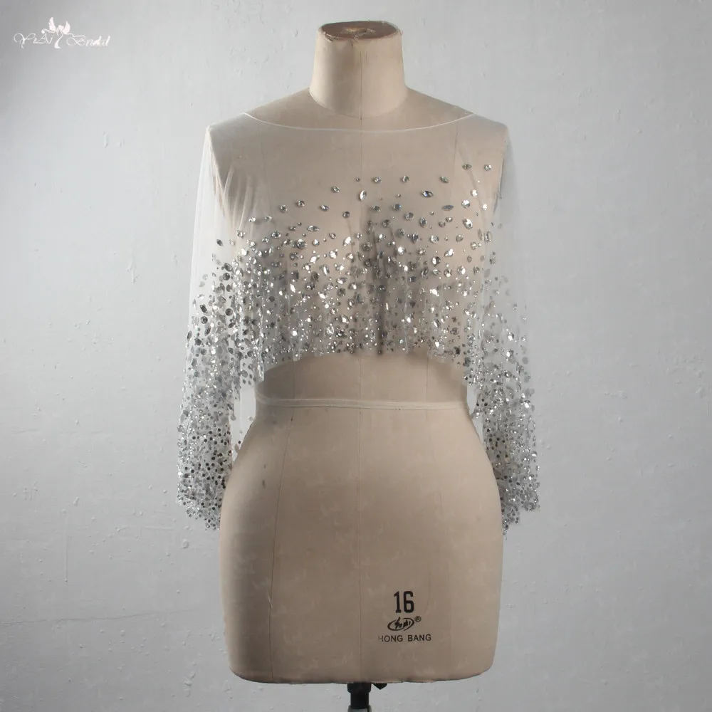 

LZP415 Real Pictures Silvery Crystal White Tulle Boat Neckline Wedding Cape Ladies Heavy Beaded Bridal Jacket