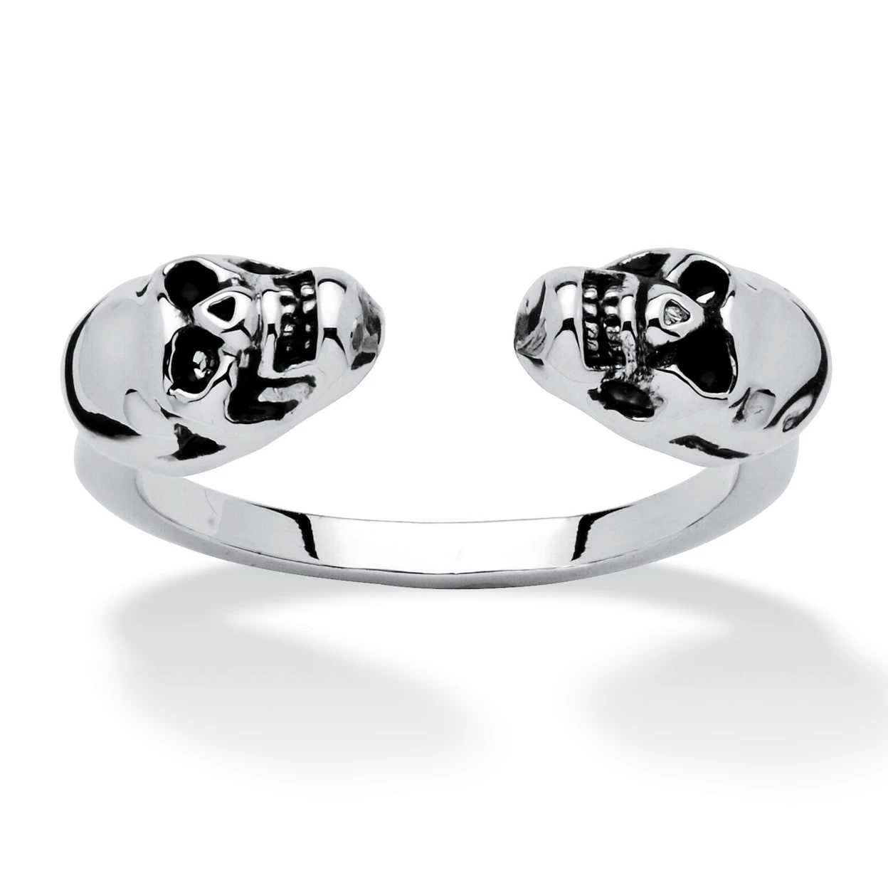 Polished Twin Skulls Open Ring Platinum-Plated