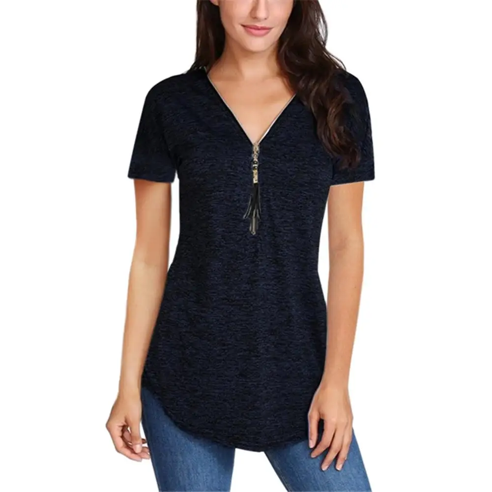

Women's Summer Shirts Tassel Zipper V Neck Short Sleeve T-Shirt Casual Women Solid Color Tunic Top