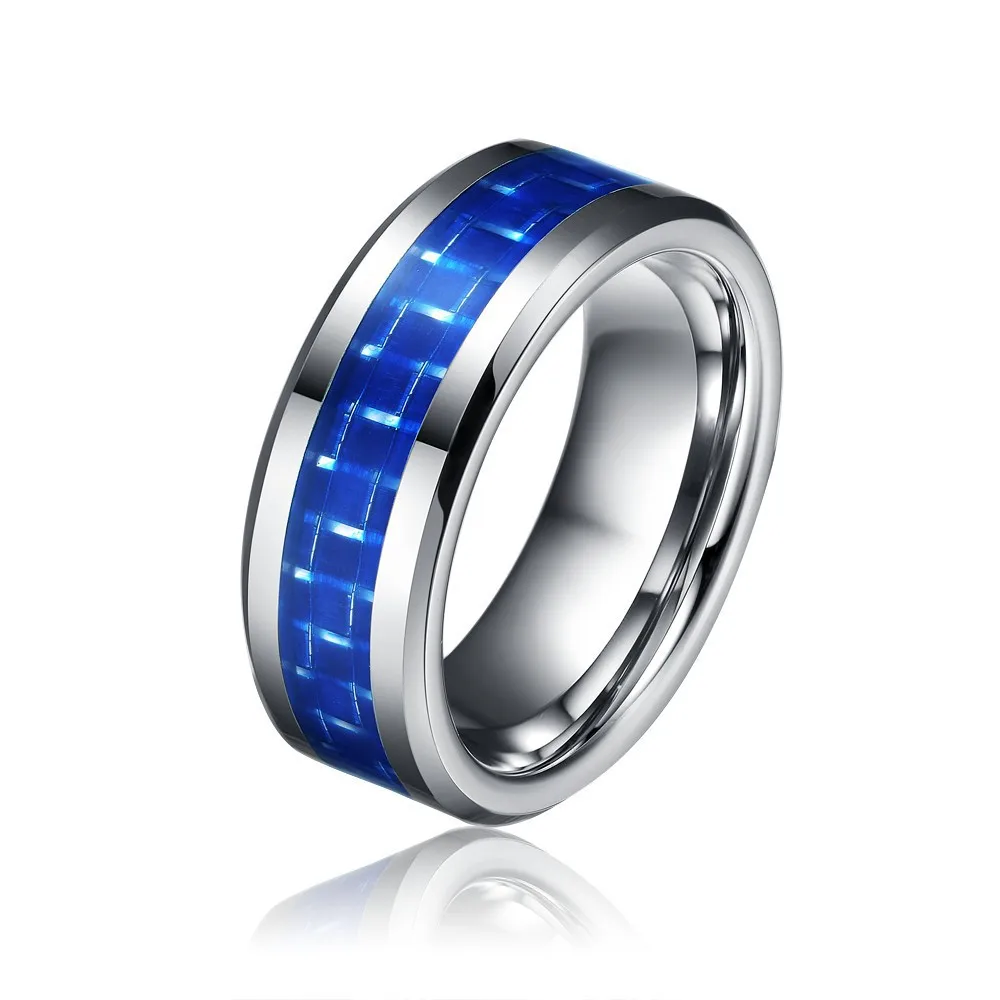 Canada US 8MM Blue Carbon Fiber Mens Tungsten Carbide Ring