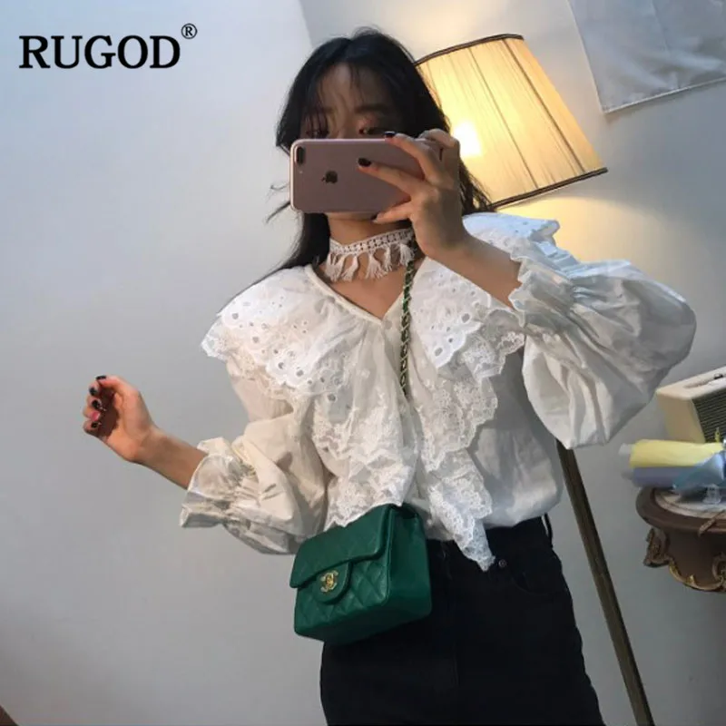 

RUGOD 2019 Lace edge cascading ruffle collar women shirts loose lantern sleeves vintage white spring modis femme tops