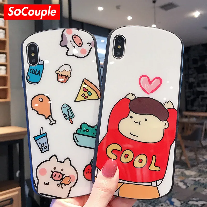 

SoCouple Luxury Glass Cover For iphone XR Case For iphone X Xs max 7 8 plus Love Heart Boy Cute Food Pattern Phone Cases