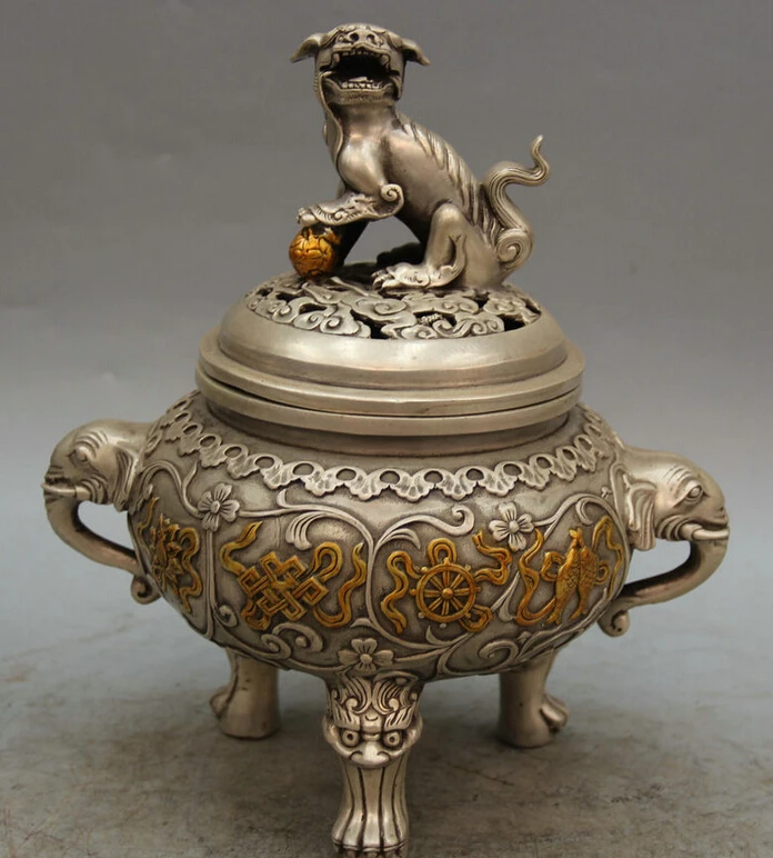 

Elegant old S1974 10" Marked Tibet Bronze Gild 3 Foot 8 Auspicious Symbol Incense Burner Censer statue (A0322) A0403