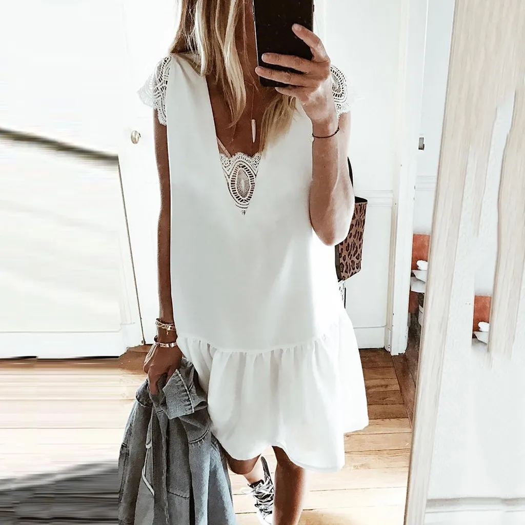 

ladies Party Summer Dress Womens Tassel Letters Print Baggy Beach Dress Lace Summer Short Sleeve Beach Solid Mini Dress 4.26