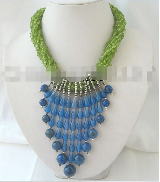 

Beautiful 17" 6row peridot and natural 10-16mm lapis lazuli necklace-shell clasp