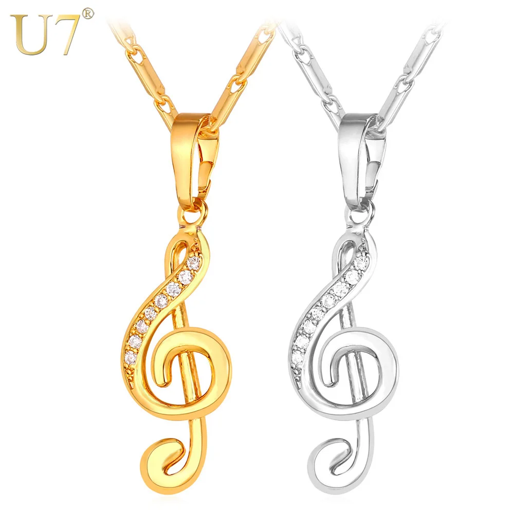

U7 Music Note Necklace Silver/Gold Color Music Lover Jewelry Women Cubic Zirconia Musical Charmed Pendant Dainty Necklace P892