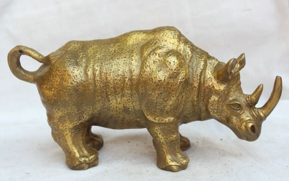 

10" Chinese Dynasty palace animal Pure Bras carved luck rhinoceros Ox Statue Q