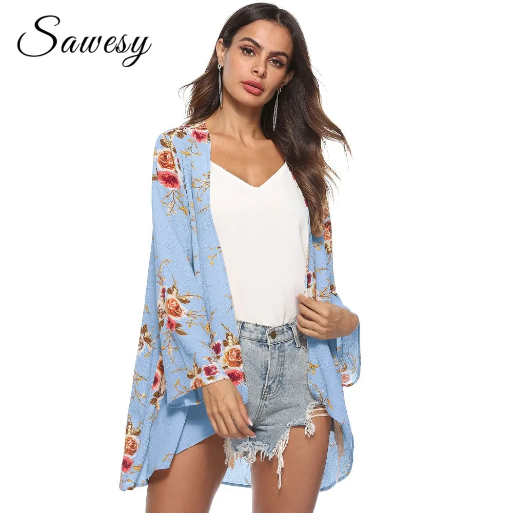 Women Kimonos Cardigan Summer 2018 Fashion Printed Chiffon Blouse Long