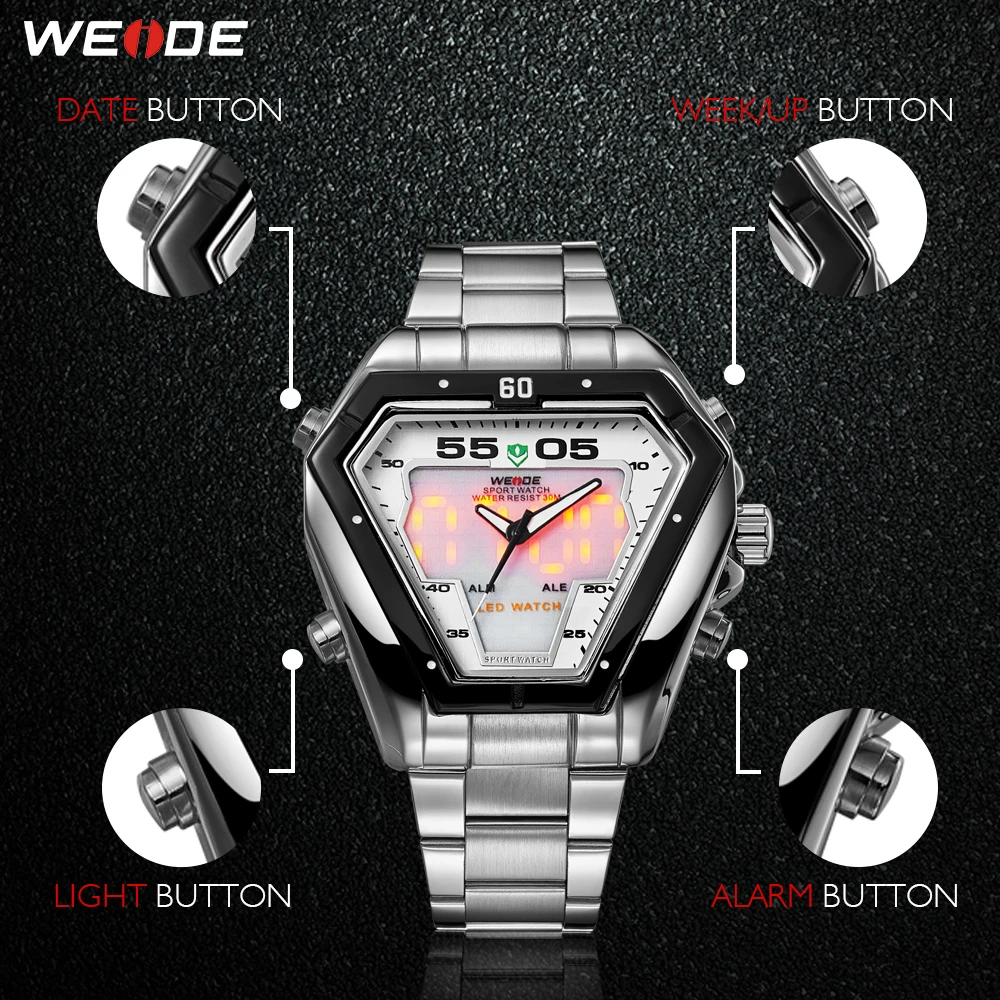  WEIDE Mens Fashion Luxury Quartz Stainless Steel Strap Analog Digital Date Calendar Waterproof Mili