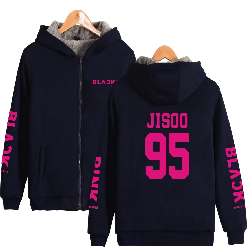  BLACKPINK Thick Hoodie Zipper with hat Women Fashion Kpop BLACKPINK Winter Warm Sweatshirt Zip-Up D