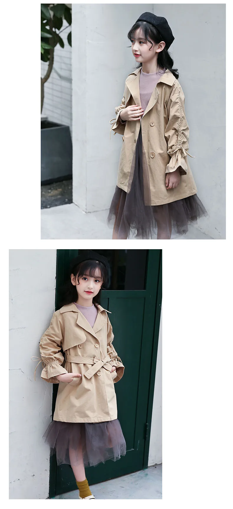 solid belt petal sleeve autumn coats kids clothes new 2018 autumn teenage girls long denim jackets children trench coat clothes  (9)
