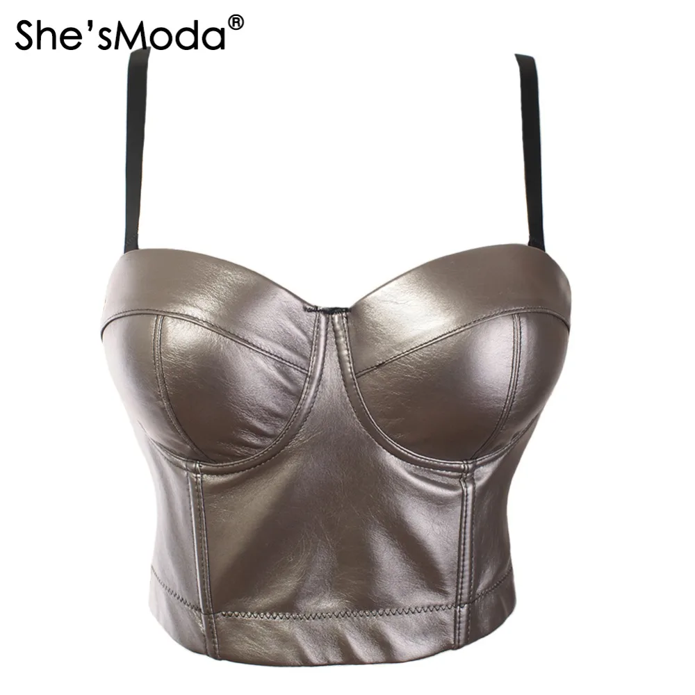 

She'sModa New Mitallic Color PU leather Punk Metal Bralet Women's Bustier Bra Night Club Party Cropped Top Vest Plus Size