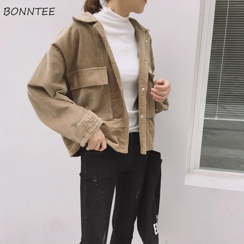 

Jackets Women Solid Simple Jacket Female New Corduroy Retro Pockets Loose Womens Korean Style High Quality All-match Students