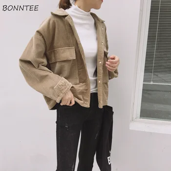

Jackets Women Solid Simple Jacket Female New Corduroy Retro Pockets Loose Womens Korean Style High Quality All-match Students