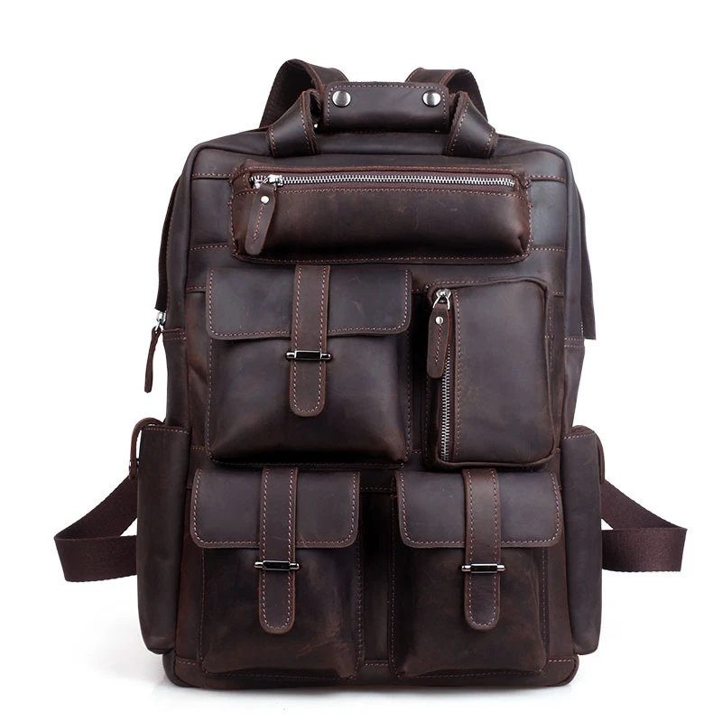 

2019 Genuine Leather Backpack Crazy Horse Cowhide Leather Backpack Designer Large Capacity Handmade Multi Pockets Backpacks