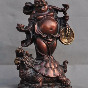 

China Buddhism Bronze yuanbao Money Dragon Turtle Wealth Maitreya Buddha Statue