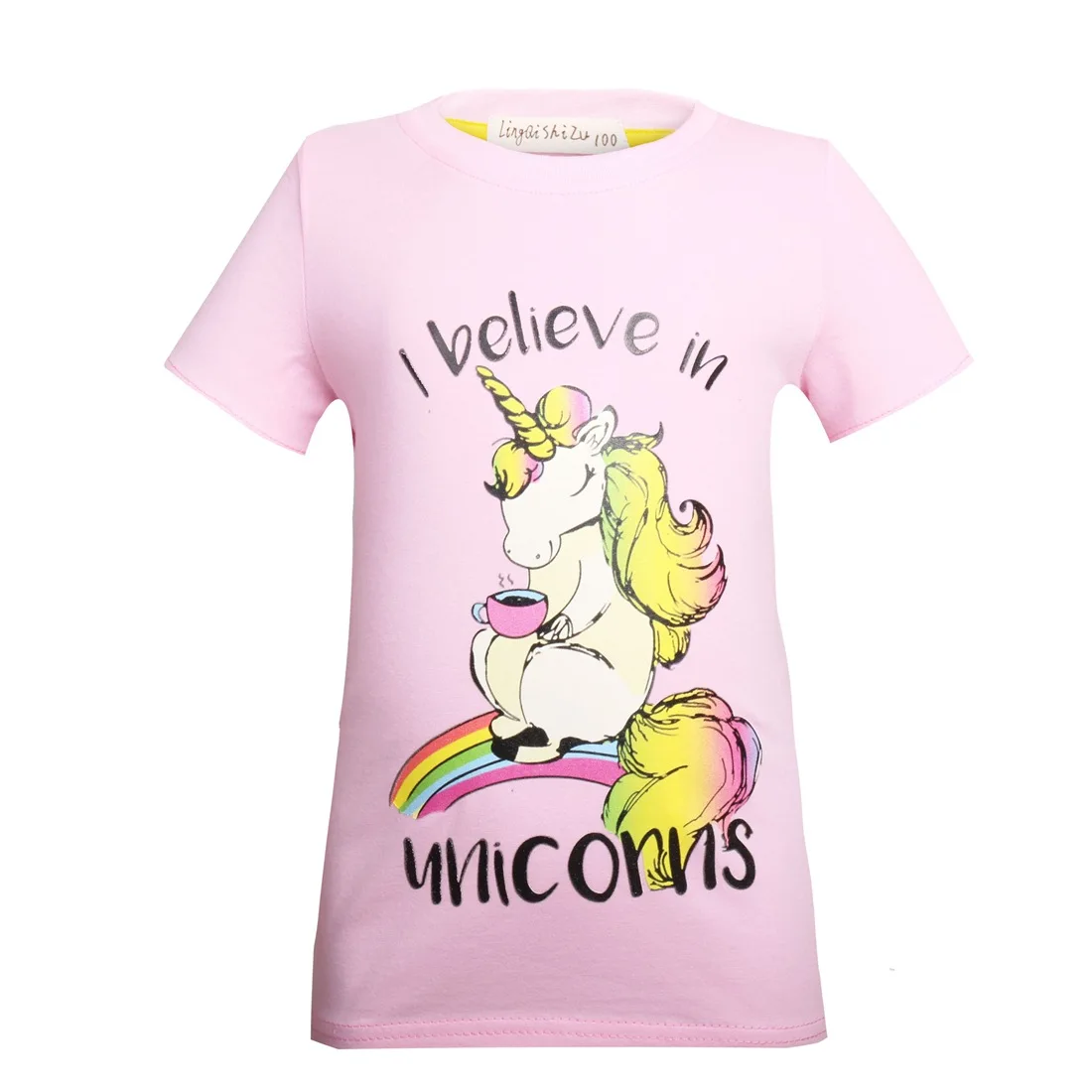 

2018 fashion cute unicorn shirt girls tops T shirts 3D printing flower cartoon pattern casual girls cotton clothes short