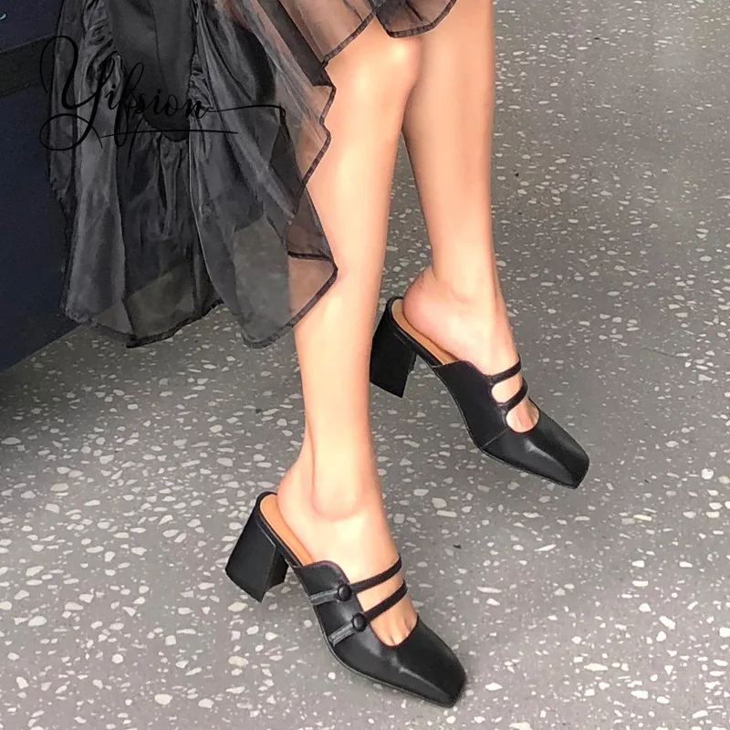 Neue Frau Echtem Yifsion as Pic As Sommer Maultiere Leder Frühling Frauen Hausschuhe Karree Starke Ferse Schuhe Pic Ywttpd