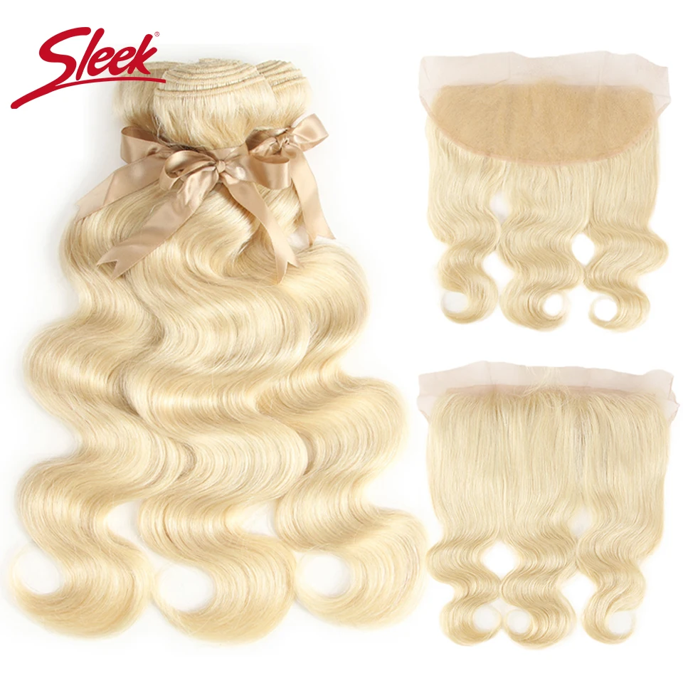 

Sleek 613 Honey Blonde Bundles With Frontal Human Hair Bundles Blonde Brazilian Body Wave Hair 3/4 Bundles With Frontal Closure