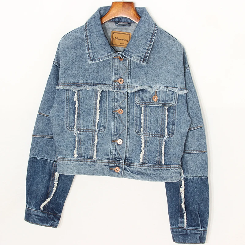 Vintage Femmes Taille Vestes Bleu Patchwork Large Demin Jeans High Manteaux Street Outerwears Courtes Coton fUqxwqTz