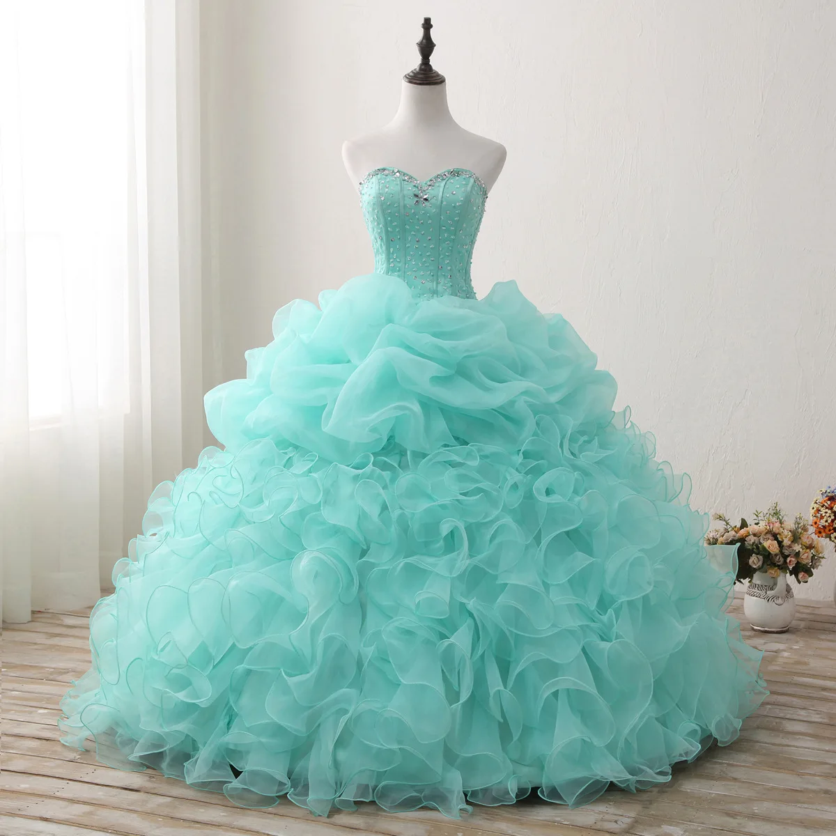 EXNY Mint Green Ball Gown Quinceanera Dresses 2019 Ruffles Beaded
