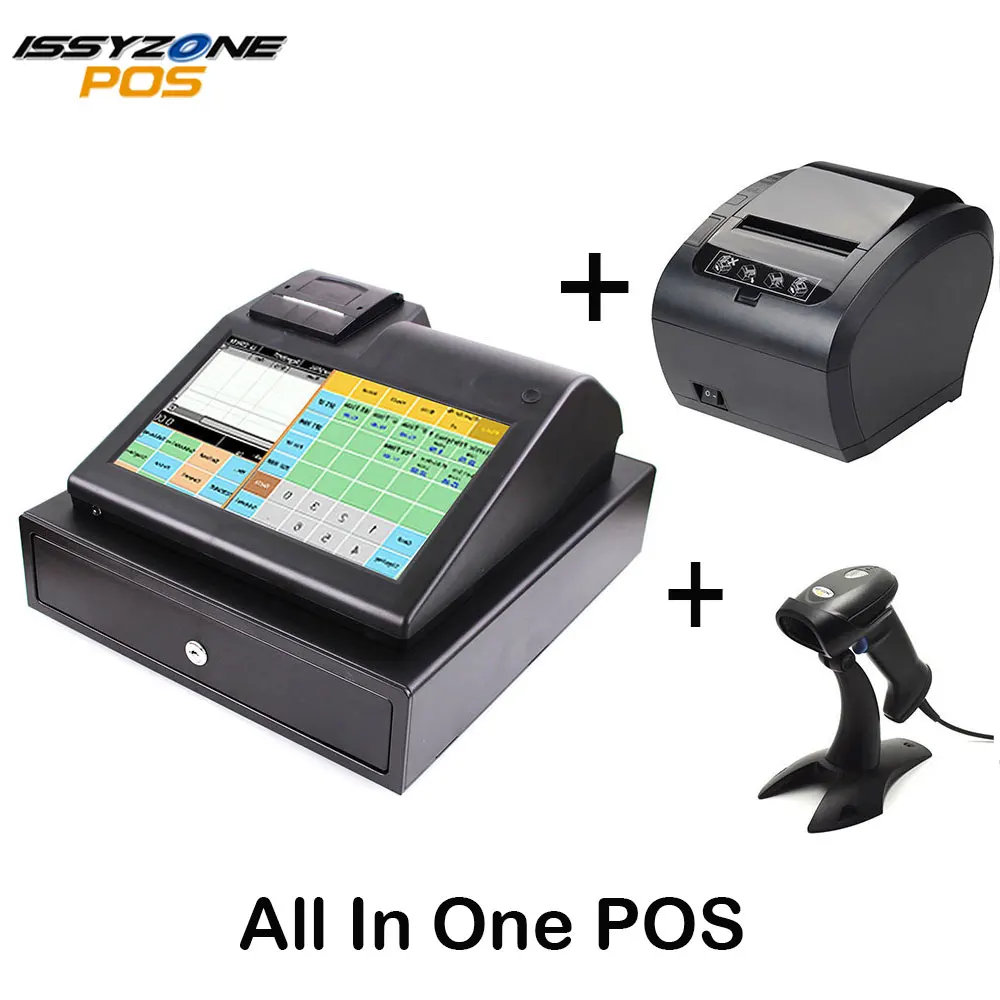 IssyzonePOS البرمجيات الحرة الكل في واحد آلة POS ماكينة تسجيل المدفوعات النقدية اللمس الشاشة مع درج للنقود الحرارية طابعة الباركود ماسحة