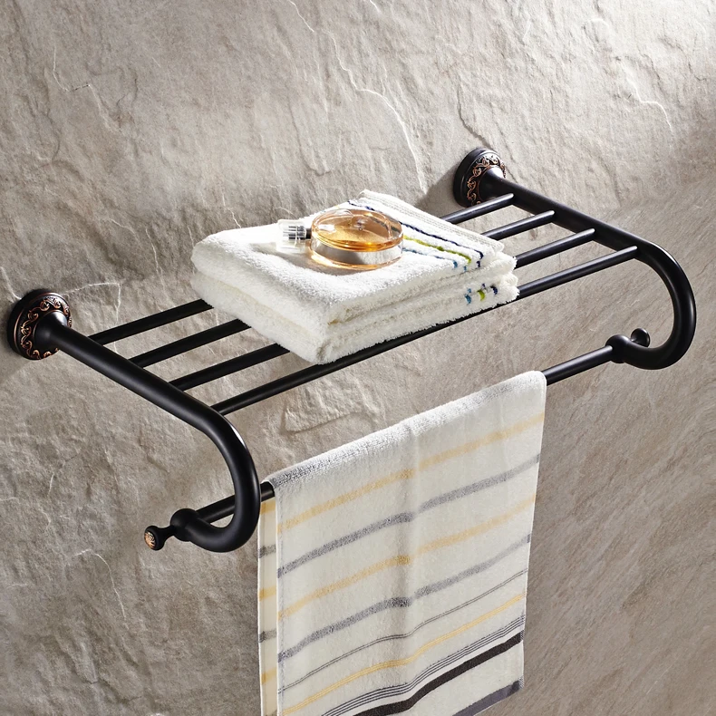 Antique Black Towel Racks Double Layers Unique Anspicious Carved Brass