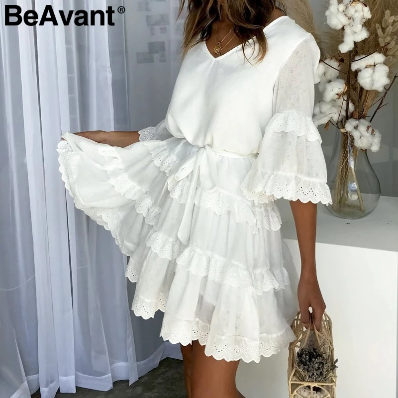 

BeAvant Elegant layered ruffle women summer dress Casual embroidery cotton white dress female V-neck loose short dresses ladies