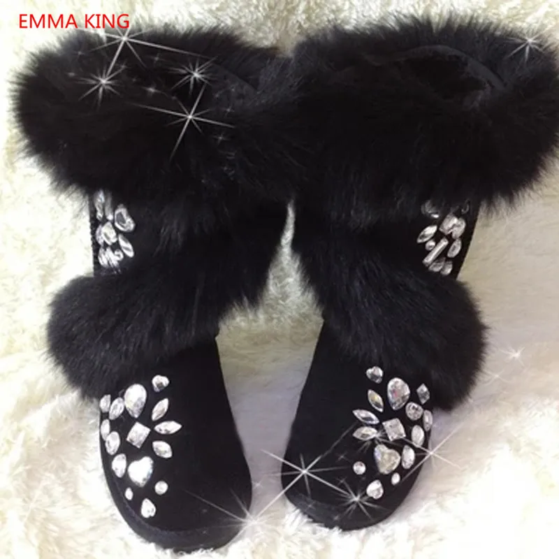 

2018 Winter Fashion Warmer Cozy Fur Shoes For Women Round Toe Slip On Casual Flats Luxury Crystal Snow Boots Laides Ankle Boots