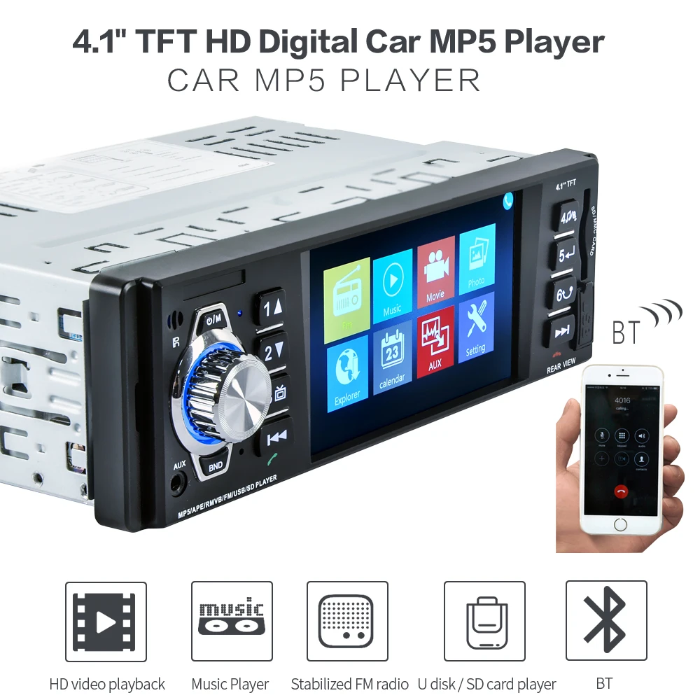 

4.1 inch Car MP5 Player 12V Car Vedio Playe TFT Screen Bluetooth/Rear View Camera/Stereo FM Radio/MP3/MP4/Audio/Video/USB/SD/TFT