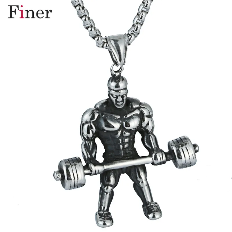 

Stainless Steel Muscle Man Pendant Necklace Weight Lifting Fitness Sport Necklace Figure Charm Men Bodybuilding Gym Jewelry