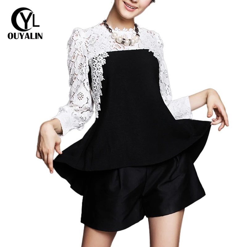 S M L- 5XL Brand Black White Shirt Long Sleeve Patchwork Hollow out Lace Blouses Plus Size Women Shirt Trumpet Hem Tops G178